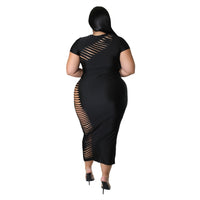 Hollow Out Black Plus Size avail Long Dresses Short Sleeve Round Collar Summer Dress