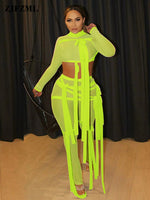 Ribbons Hipster Sheer Mesh Sexy Two Piece Set Women Turtleneck Crop shirt Top and Pants