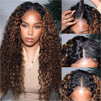 Highlight Curly Wig V Part Curly Human Hair Wigs Brazilian Virgin Hair Wig Glueless No Leave Out No Sew In 180%