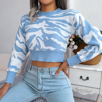 Winter Fashion Tiger Print Long Sleeve Crop Knit Sweater