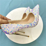 Bling Sequins Women White Pointy Toe High Heel Shoes  pumps 11+