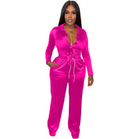 Satin 2 Piece Set Women Sexy Button Long Sleeve Lace Up Shirt Top + Drawstring Pants Party Matching Sets