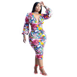 Floral Printed Sexy V Neck Elegant Casual Dresses plus size avail
