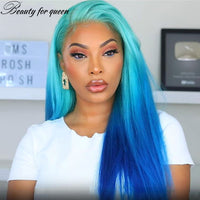 Blue Straight Lace Front Human Hair Wigs Ombre 150% HD Transparent Lace Frontal Wigs Remy Front Lace Wigs Pre Plucked