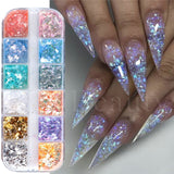 12 Grids Opal Dream Crystal Sequins Nail Flake Galaxy Iridescent Aurora 3D Paillette for Winter Autumn Manicure Decoration