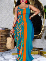 Plus Size avail Casual Print Patchwork Deep Blue Floor Length Dress