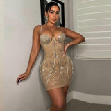 Solid Diamond Tassel Spaghetti Strap Summer Sexy Celebrity Party Mini Dress