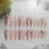 Glitter Nails Girl Crystal False Nails Pearl Finished Rhinestones Long Nail Art Jelly Pink Nail /24Tips All for Manicure