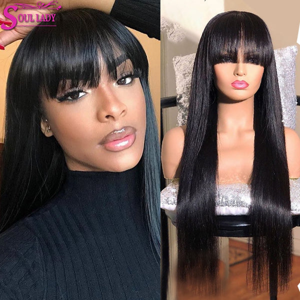 Straight Lace Front Wig With Bangs Fringe Straight Human Hair Wigs With Bangs Brazilian Bang Wig Human Hair Frontal - Divine Diva Beauty