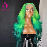 30 Inch Body Wave Ombre Green Colored Glueless Synthetic Lace Front Heat Resistant Preplucked