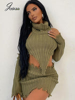 Knit Green Two Piece Set Women Sexy Turtleneck Long Sleeve Irregular Sweater Mini Skirt