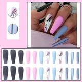 24pcs Long Coffin False Nails Wearable French Ballerina Matte Stripe Flower Design Fake Nails Full Cover Nail Tips Press On Nail