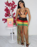 Colorful Hand made Two Piece Set Summer Dress Women Knitted Outfits Lace Up Bra Tassel Maxi Skirt Beach Cover Ups