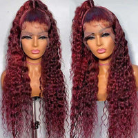Burgundy 99J Curly 13x4x4 Lace Frontal Human Hair Wigs Deep Water Wave Indian Remy Transparent Lace Wig Pre Plucked Baby Hair