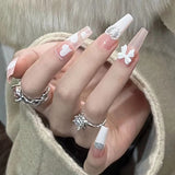 3D Shell Glitter Pink False Nails French Ballerina Nails Long Coffin Rhinestone Fake Nails Full Cover Artificial Press On Nails