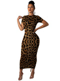 Long Maxi Dress Short Sleeve Leopard Print Dress