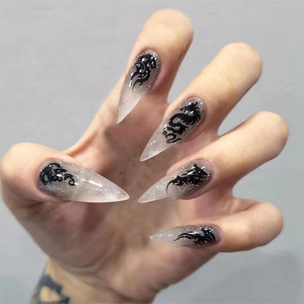 24Pcs Extra Long Almond False Nails with Dragon Pattern Designs Wearable French Fake Nails Full Cover Nail Tips Press On Nails