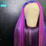 Pink Purple Highlight Wig Straight Frontal Wigs Human Hair Brazilian Remy 30 Inch T Part Transparent Lace Pre Plucked