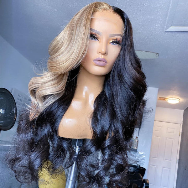 Black With Blonde highlight Red Human Hair Ombre 13x6 Transparent Lace Front Wig Hair Wigs Body Wave Lace Frontal Wigs