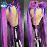 Pink Purple Highlight Wig Straight Frontal Wigs Human Hair Brazilian Remy 30 Inch T Part Transparent Lace Pre Plucked