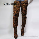 Leopard Print Over The Knee Boots Rivets Studs Ladies Boots 11+