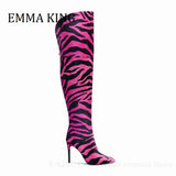 Zebra Horsehair Thigh High Boots Sexy Pointed Toe Stiletto Heels Over The Knee Boots