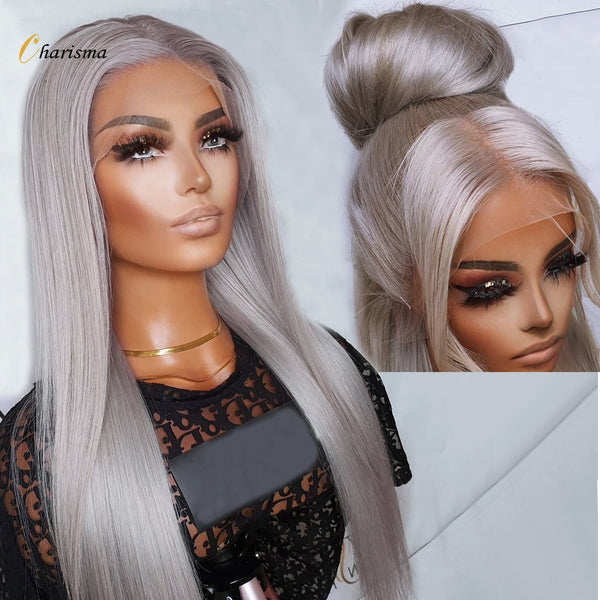 Gray Synthetic Lace Wigs Long Straight Heat Resistant Lace Front Wig Grey Wigs Natural Hair wig ****sale