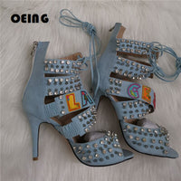 Denim Crystals Spikes Sandals Back Zipper heels pump shoe