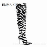 Zebra Horsehair Thigh High Boots Sexy Pointed Toe Stiletto Heels Over The Knee Boots
