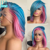 613 Colored highlight Pink Short Bob Wigs Human Hair  HD Lace Front Wig Blue Straight Bob Wig Transparent Brazilian Hair 180%