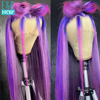 Pink Purple Highlight Wig Straight Frontal Wigs Human Hair Brazilian Remy 30 Inch T Part Transparent Lace Pre Plucked