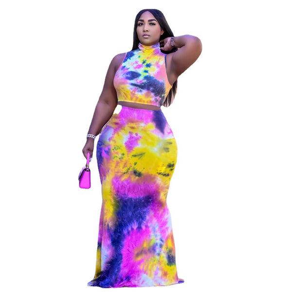Plus Size avail Tie Dye Sleeveless Top And Long Skirt 2 Two piece set