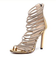 4 inch Gold Crystal Sandals Thin Strappy Gladiator Sandal Shoes Stiletto Heel 11+