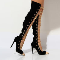 Golden Chain Stiletto Boots Sexy Pointed Toe Chain link Straps Knee High Gladiator Boots