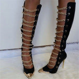 Golden Chain Stiletto Boots Sexy Pointed Toe Chain link Straps Knee High Gladiator Boots