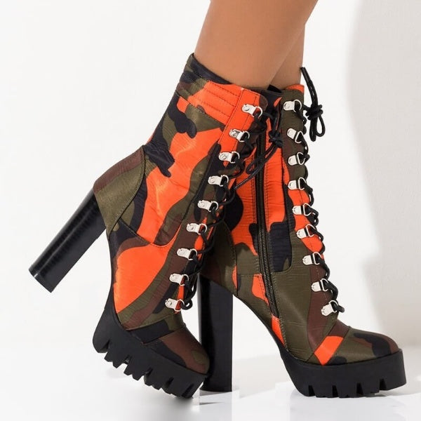 Lace Up Chunky Heel Platform Bootie Camouflage Print Round Toe Block Heel Boots