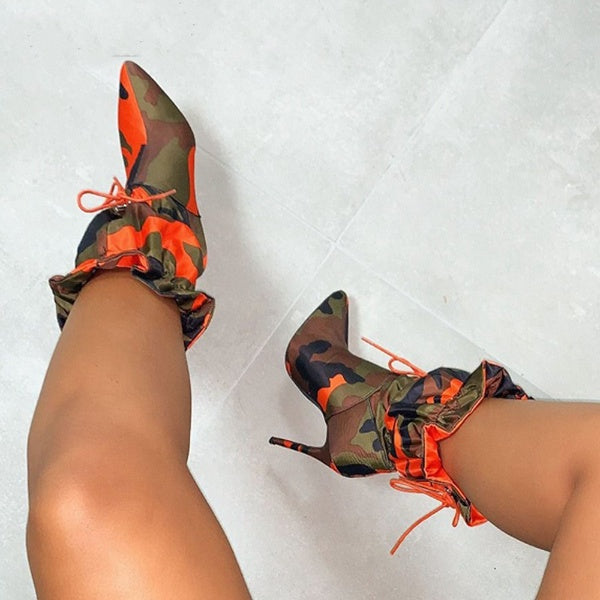 Heels Boots for Women  Camouflage Ankle Boots Woman Lace Up