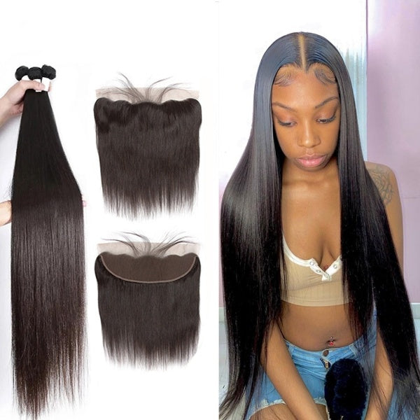 30 32 34 40 Inch Straight Brazilian Hair Weave Bundles With Frontal Human Hair Bundles With Closure Remy Hair Extension
