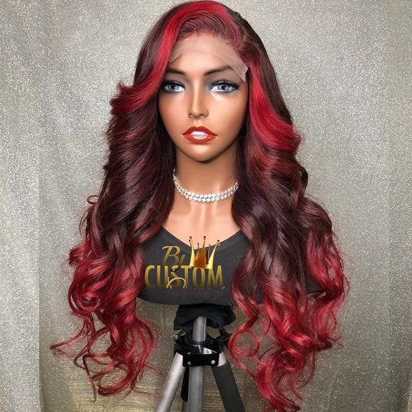 Ombre Red Burgundy 13X4 Lace Front Human Hair Wigs 180% Brazilian Remy Red Highlight Wavy
