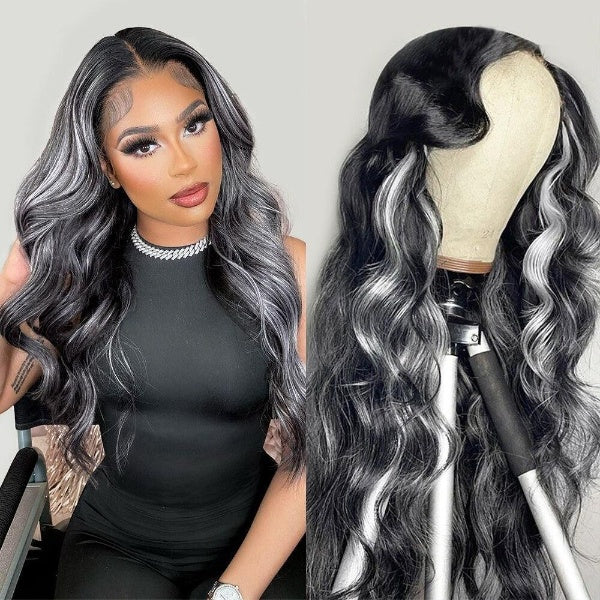 13x6 180% density HD Transparent Lace Frontal Wig Body Wave Gray Highlight Wig Human Hair Colored Human Hair Wigs
