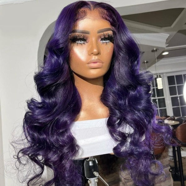 13x6 Lace Front Body Wave Wigs Preplucked Brazilian Remy Human Hair Purple Color Wig