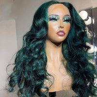 13x6 Lace Front Body Wave Wigs Preplucked Hairline Brazilian Remy Human Hair Dark Green Color Wig