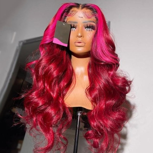 13x6 Lace Frontal Red With Pink colored Body Wave Lace 5x5 Lace Closure Wig With Baby Hair Wigs Human Hair Wigs Transparent Lace
