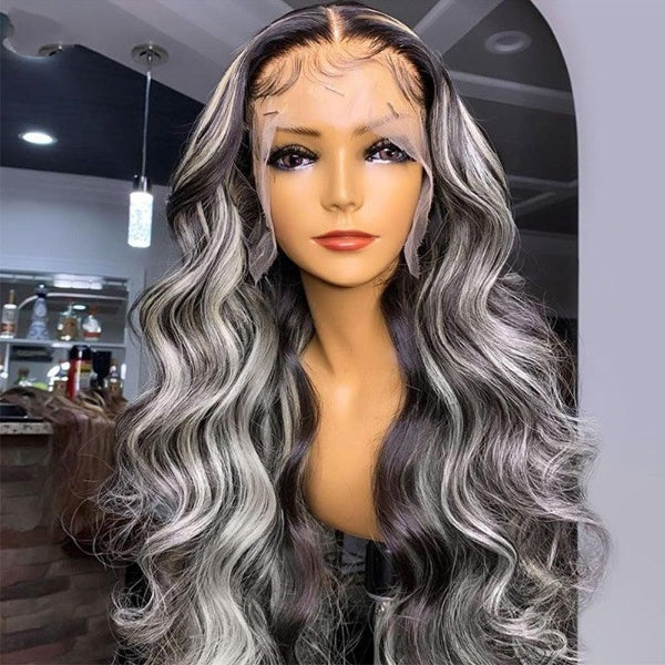 13x6 Skunk Stripe Human Hair Wig Highlight Wig Human Hair Black and Gray Blonde Body Wave Lace Front Human Hair Wigs