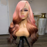 180% Brown Pink Ombre Highlight Colored Body Wave Human Hair Wigs  Lace Part Brazilian Remy Hair Transparent Lace Wig