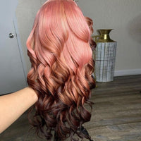 180% Brown Pink Ombre Highlight Colored Body Wave Human Hair Wigs  Lace Part Brazilian Remy Hair Transparent Lace Wig