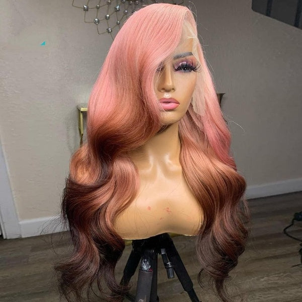 180% Brown Pink Ombre Highlight Colored Body Wave Human Hair Wigs  Lace Part Brazilian Remy Hair Transparent Lace Wig