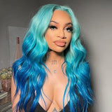 180% Density Light Blue highlight Colored Body Wave Lace Front Wig Brazilian Remy Hair Transparent Lace Frontal Wig