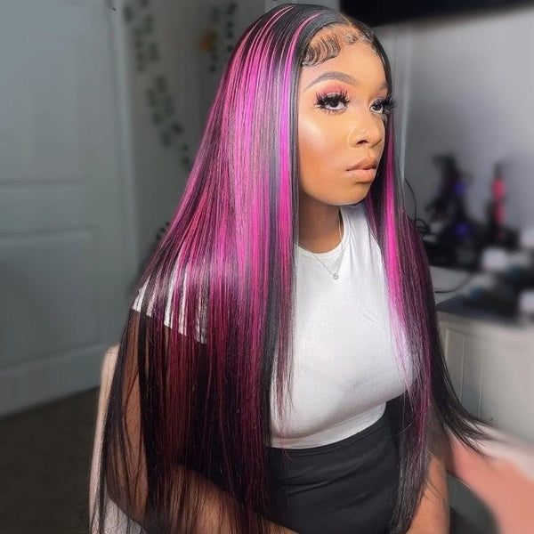 180% Highlight Purple 13x4 Frontal Wig Straight 13x4 Transparent Lace Front Human Hair Wigs Pre plucked Brazilian With Baby Hair