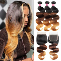 1B 4 27 Bundles With Closure Ombre Honey Blonde Bundles With Closure Brazilian Remy Body Wave Bundles With 4x4 Lace Closure